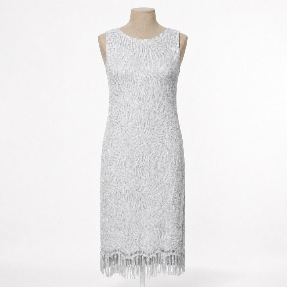 Vintage 90s Floral Fringe Shift Dress Size L Silver Metallic Party Cocktail Chic